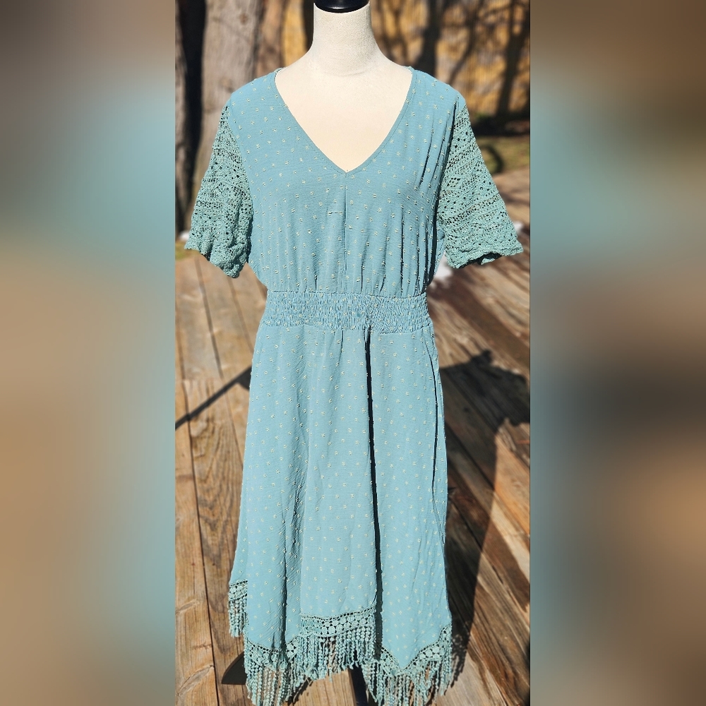 Seafoam green embroidered fringe dress
